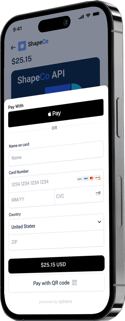 Sphere app payment screen with Apple Pay, Digital Wallet, and Card options.