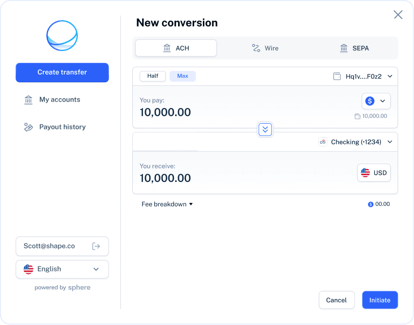 Sphere ramp interface showing a new off-ramp transfer to a bank account.